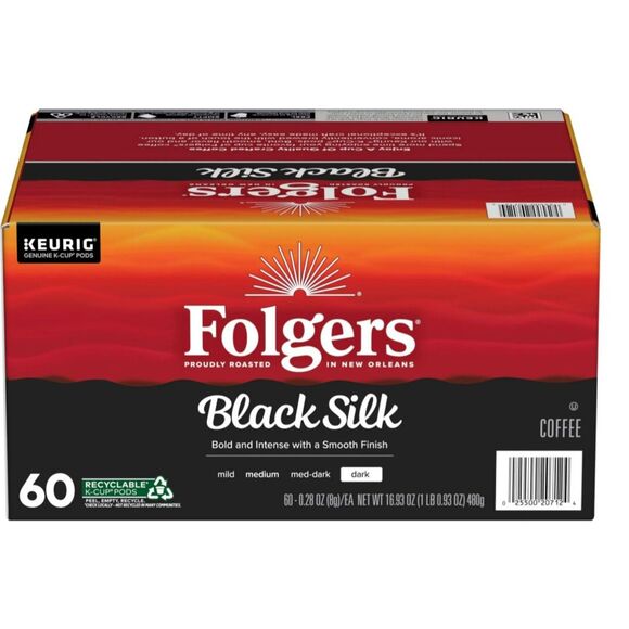 Folgers Black Silk, Dark Roast Coffee, Keurig K Cup Pods, 60 Count Box
